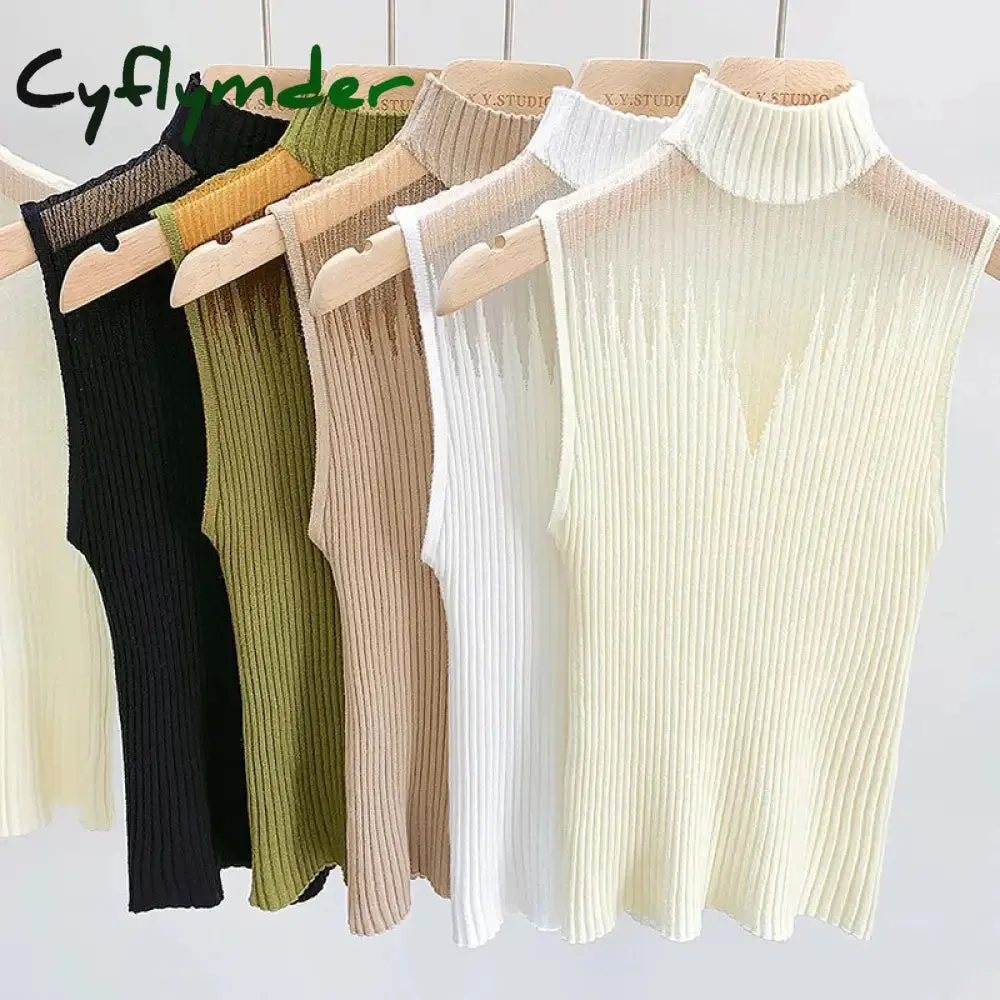 Cyflymder Mesh Knitted Top Women Y2K Tank Top Half Neck Vest Female Sleeveless Sweater Chic Cut Out Streetwear Solid Skinny White Tube Top