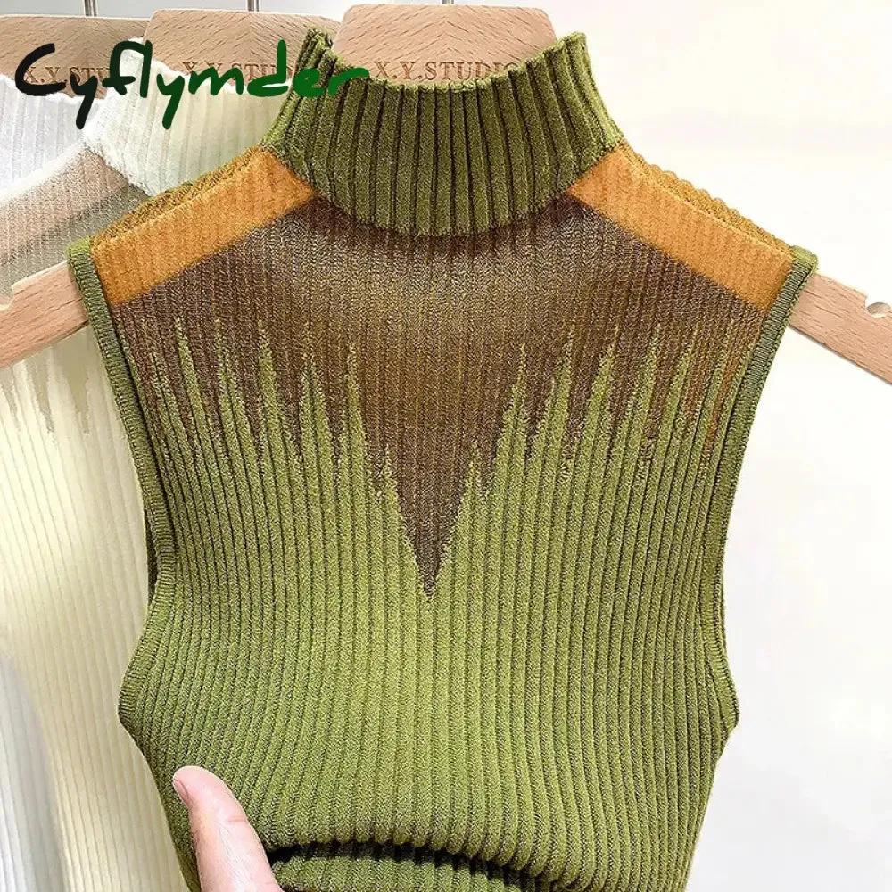 Cyflymder Mesh Knitted Top Women Y2K Tank Top Half Neck Vest Female Sleeveless Sweater Chic Cut Out Streetwear Solid Skinny White Tube Top