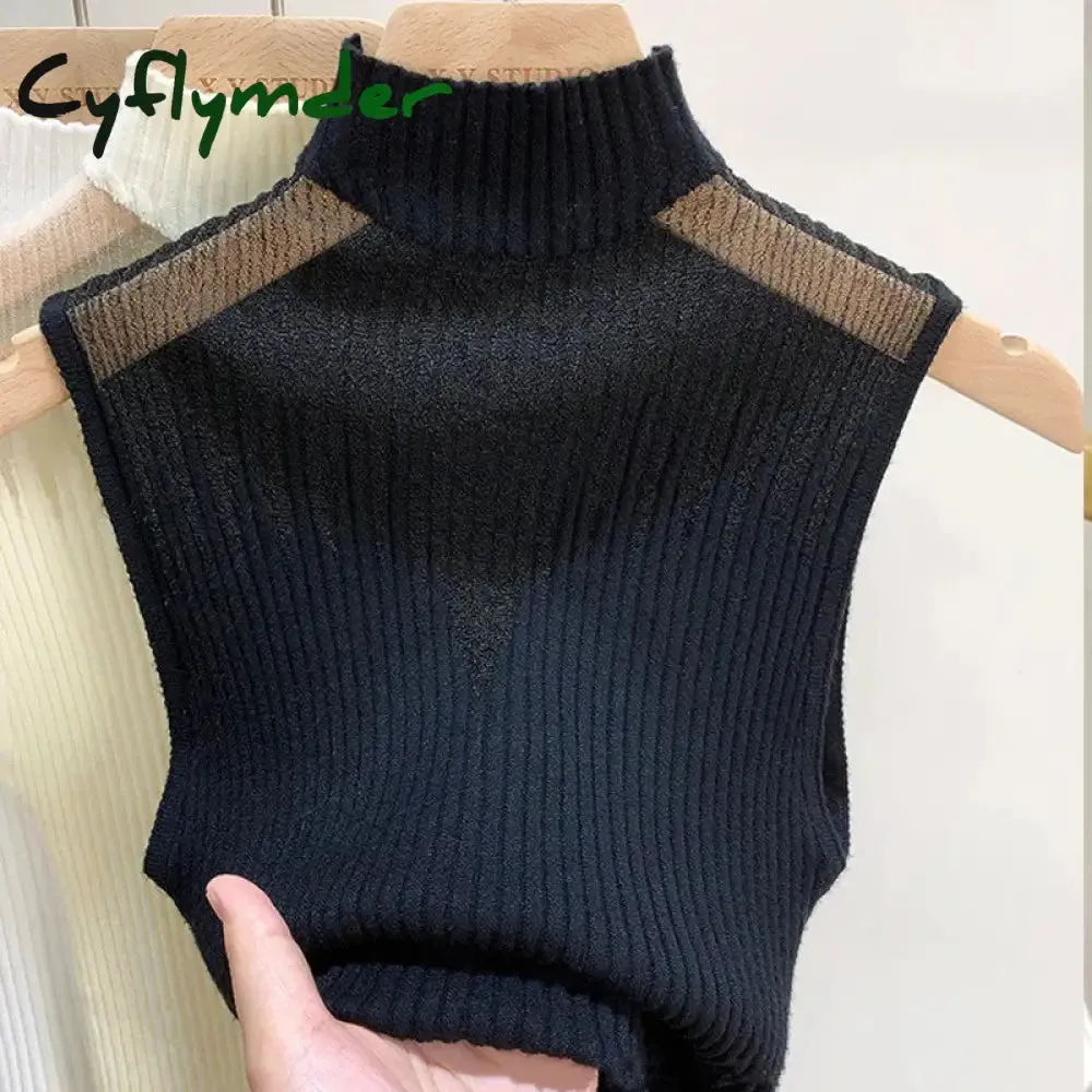 Cyflymder Mesh Knitted Top Women Y2K Tank Top Half Neck Vest Female Sleeveless Sweater Chic Cut Out Streetwear Solid Skinny White Tube Top