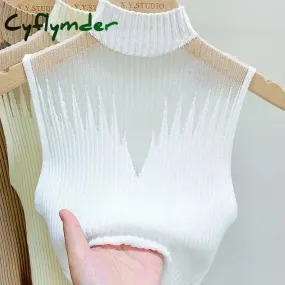 Cyflymder Mesh Knitted Top Women Y2K Tank Top Half Neck Vest Female Sleeveless Sweater Chic Cut Out Streetwear Solid Skinny White Tube Top