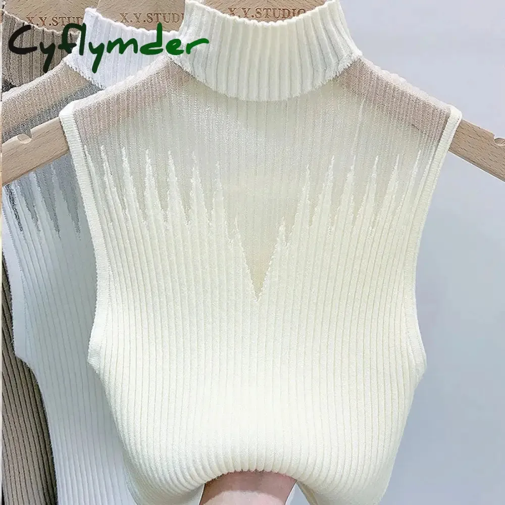 Cyflymder Mesh Knitted Top Women Y2K Tank Top Half Neck Vest Female Sleeveless Sweater Chic Cut Out Streetwear Solid Skinny White Tube Top