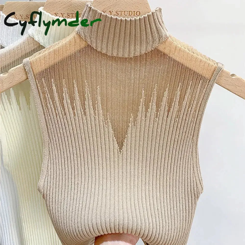 Cyflymder Mesh Knitted Top Women Y2K Tank Top Half Neck Vest Female Sleeveless Sweater Chic Cut Out Streetwear Solid Skinny White Tube Top