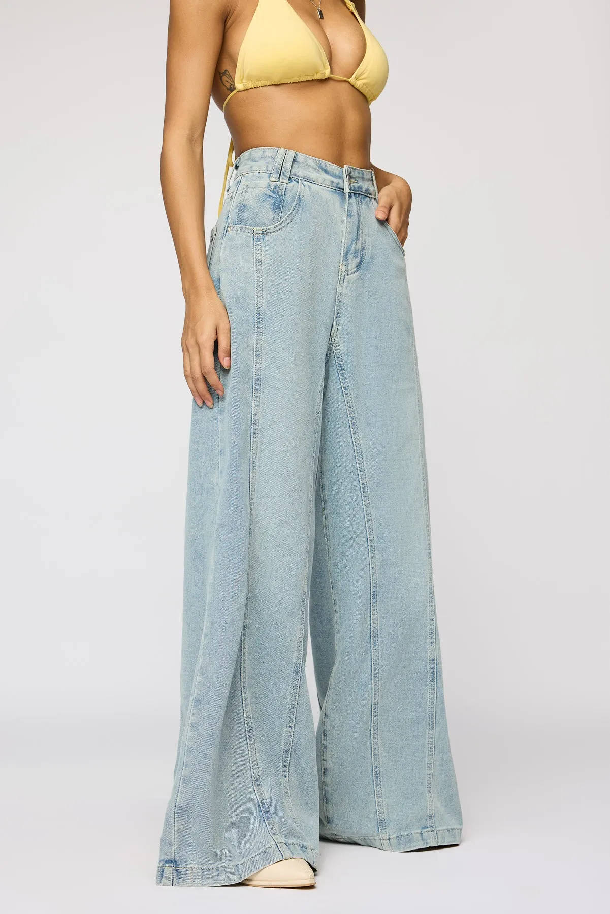 Dew Blue Denim Flared Korean Pants