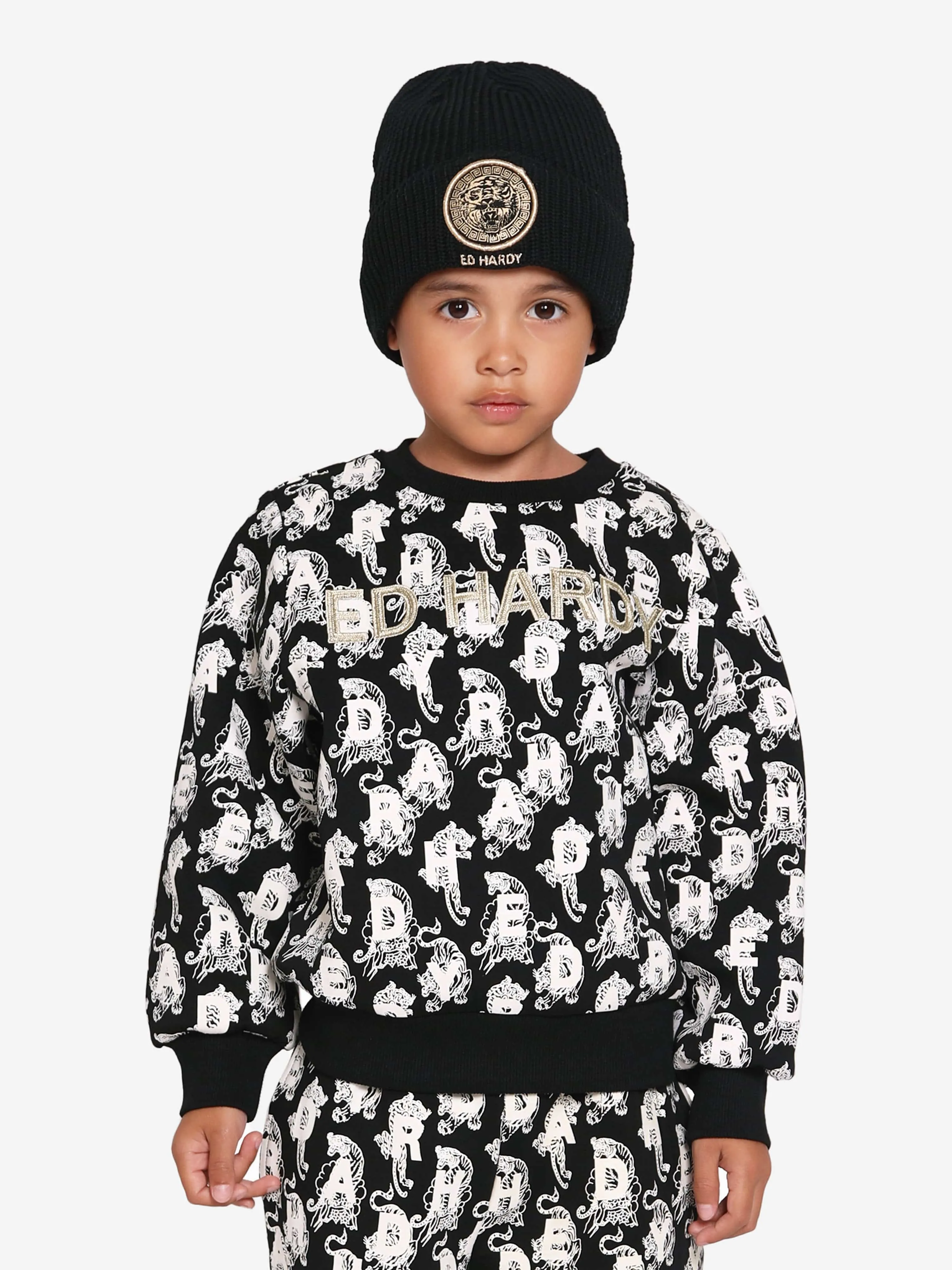 ED Hardy Kids Logo Beanie Hat in Black