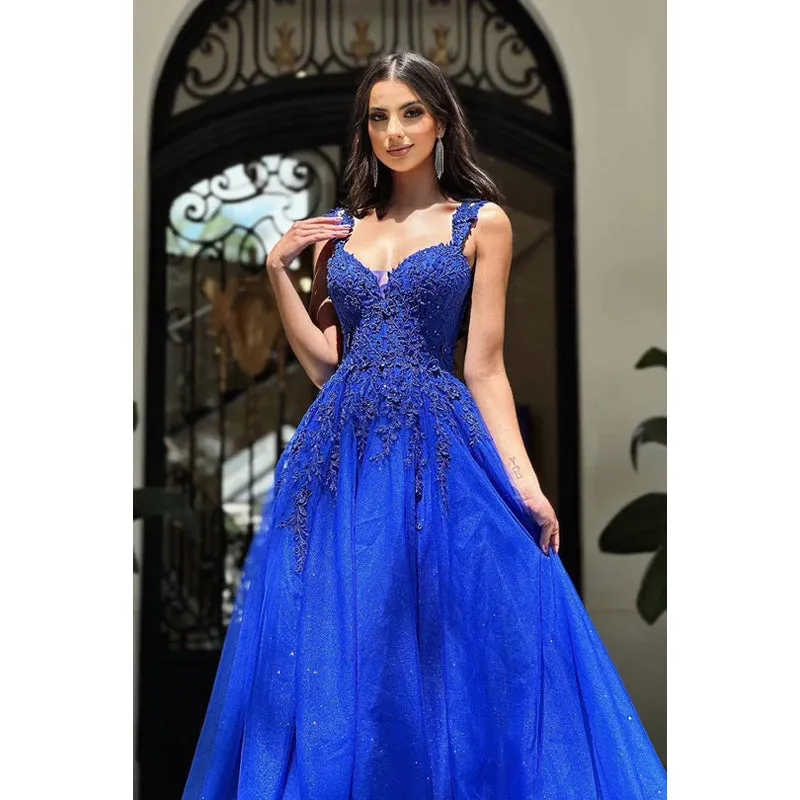 Elegant Luxurious Straps V Neck A-Line Prom Dress with Applique