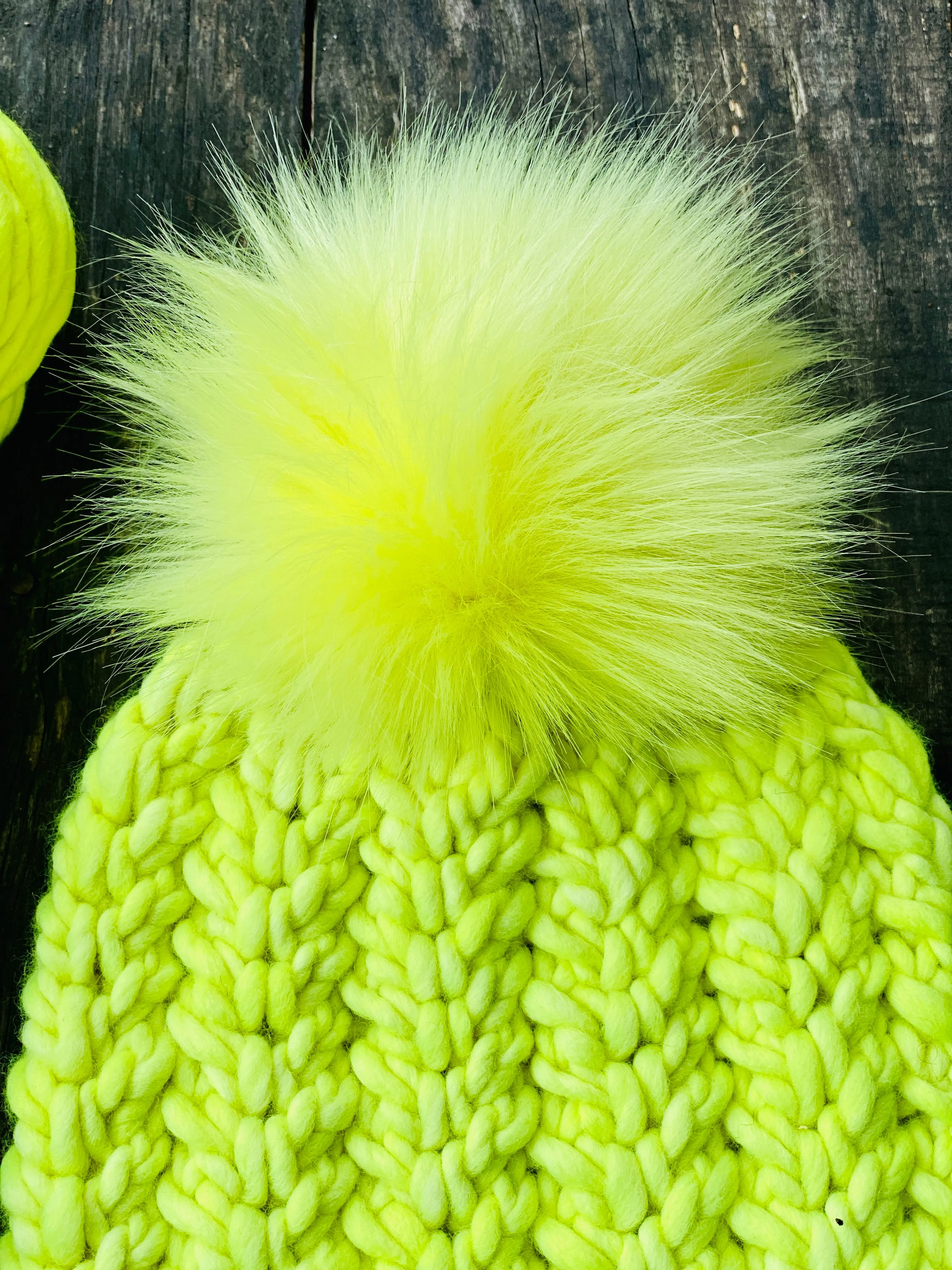 Fluorescent yellow neon KNITTING KIT 1 skein 1 extra large faux fur pom