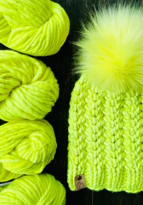 Fluorescent yellow neon KNITTING KIT 1 skein 1 extra large faux fur pom