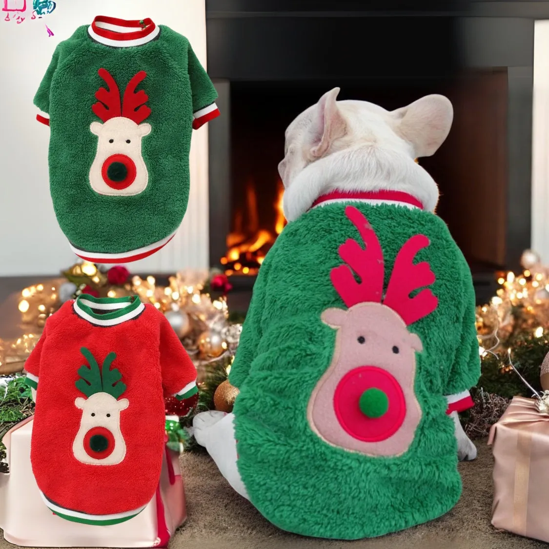 Frenchie Coral Fleece Christmas Sweater - Festive Reindeer Holiday Apparel for Dogs