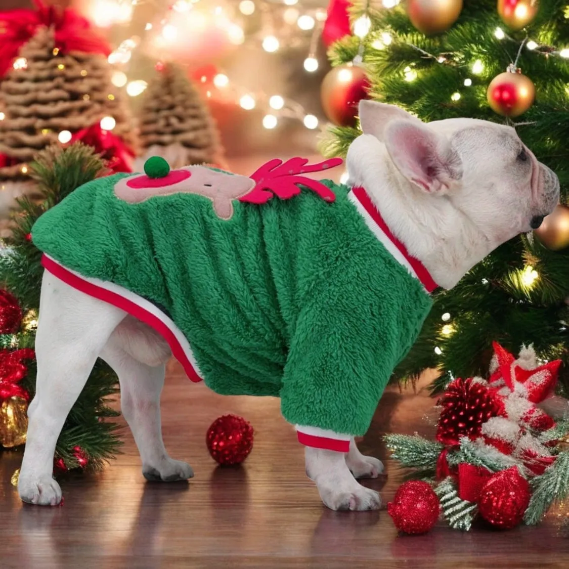 Frenchie Coral Fleece Christmas Sweater - Festive Reindeer Holiday Apparel for Dogs