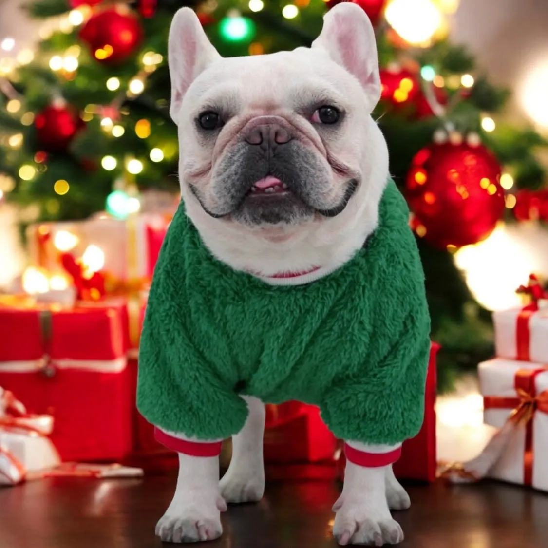 Frenchie Coral Fleece Christmas Sweater - Festive Reindeer Holiday Apparel for Dogs