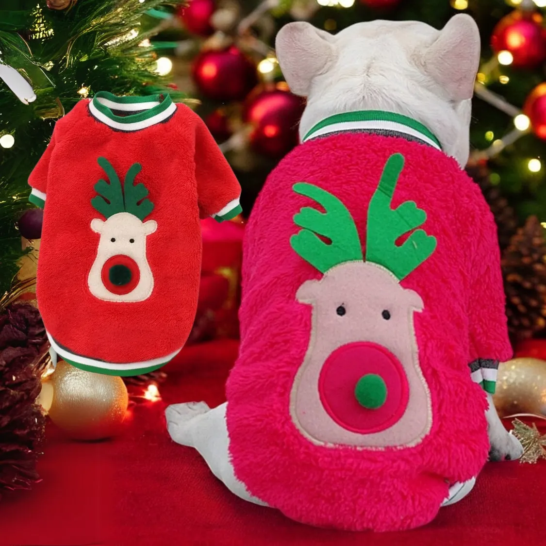 Frenchie Coral Fleece Christmas Sweater - Festive Reindeer Holiday Apparel for Dogs