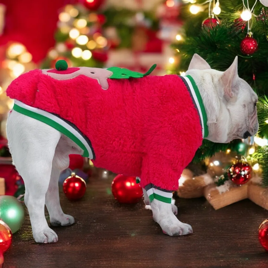 Frenchie Coral Fleece Christmas Sweater - Festive Reindeer Holiday Apparel for Dogs