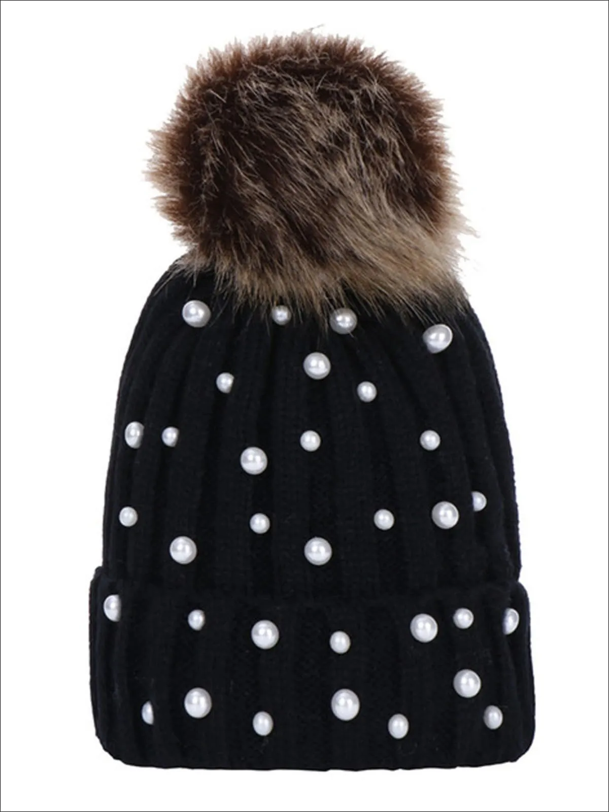 Girls Cable Knit Pearl Embellished Winter Beanie