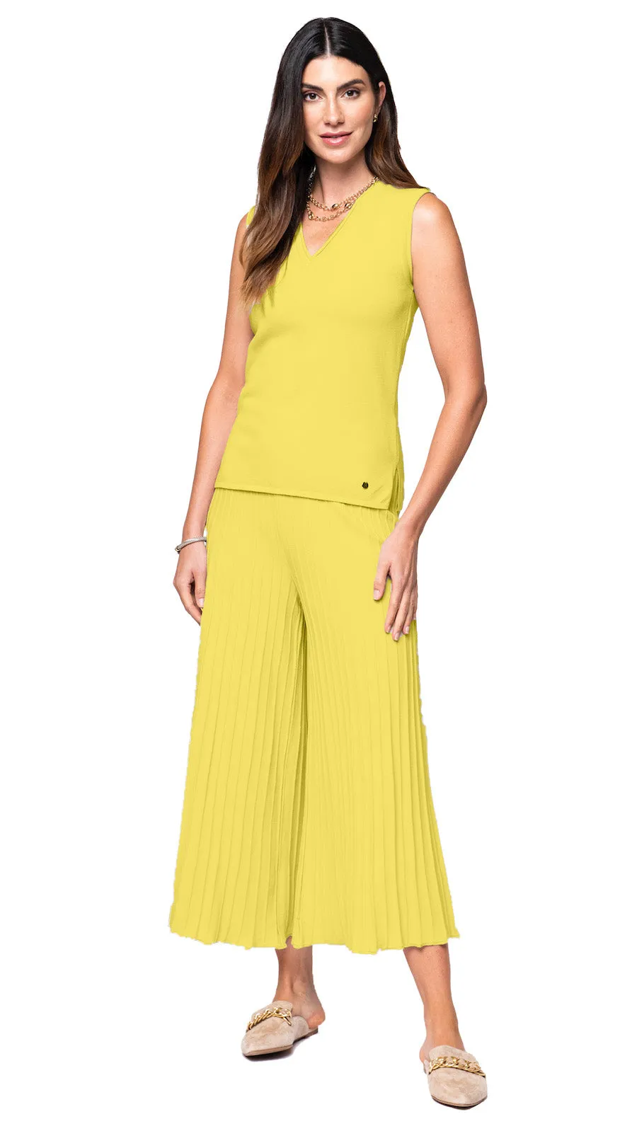 Giuliana Plisse-Look Cropped Wide Leg Pants - Lemon