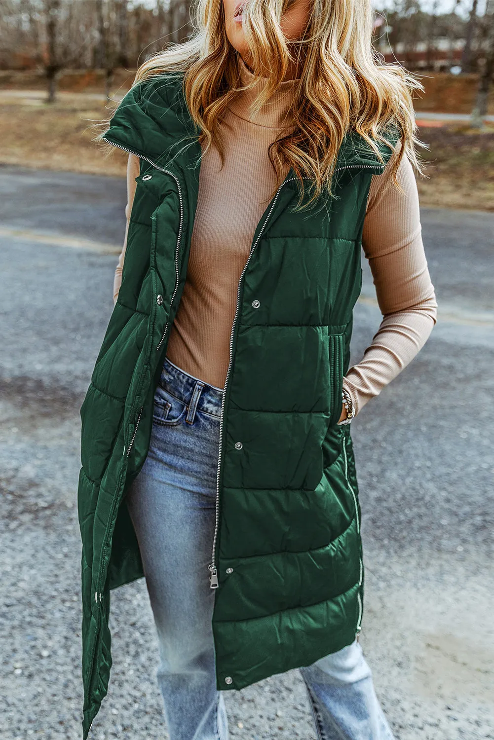 Green Hooded Long Quilted Vest Coat