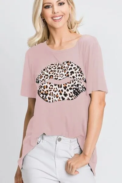 Heimish Full Size Leopard Lip Round Neck Short Sleeve T-Shirt Plus Size