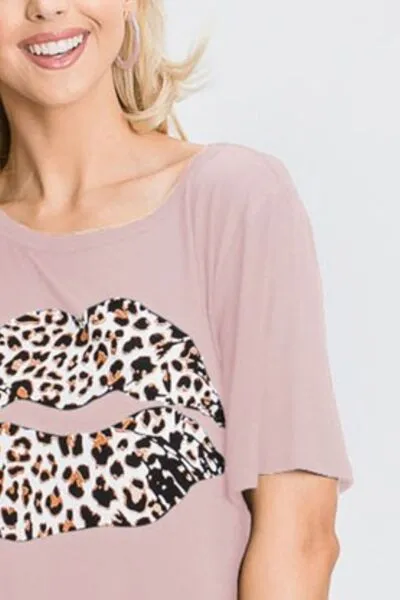 Heimish Full Size Leopard Lip Round Neck Short Sleeve T-Shirt Plus Size