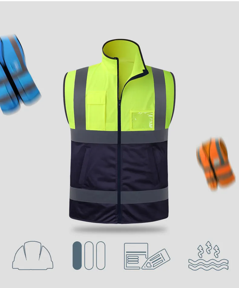 High Visibility Reflective Safety Vest with Front Zipper hi-vis Workwear Vest with Multi Pockets