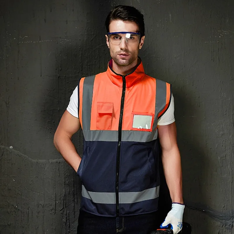 High Visibility Reflective Safety Vest with Front Zipper hi-vis Workwear Vest with Multi Pockets