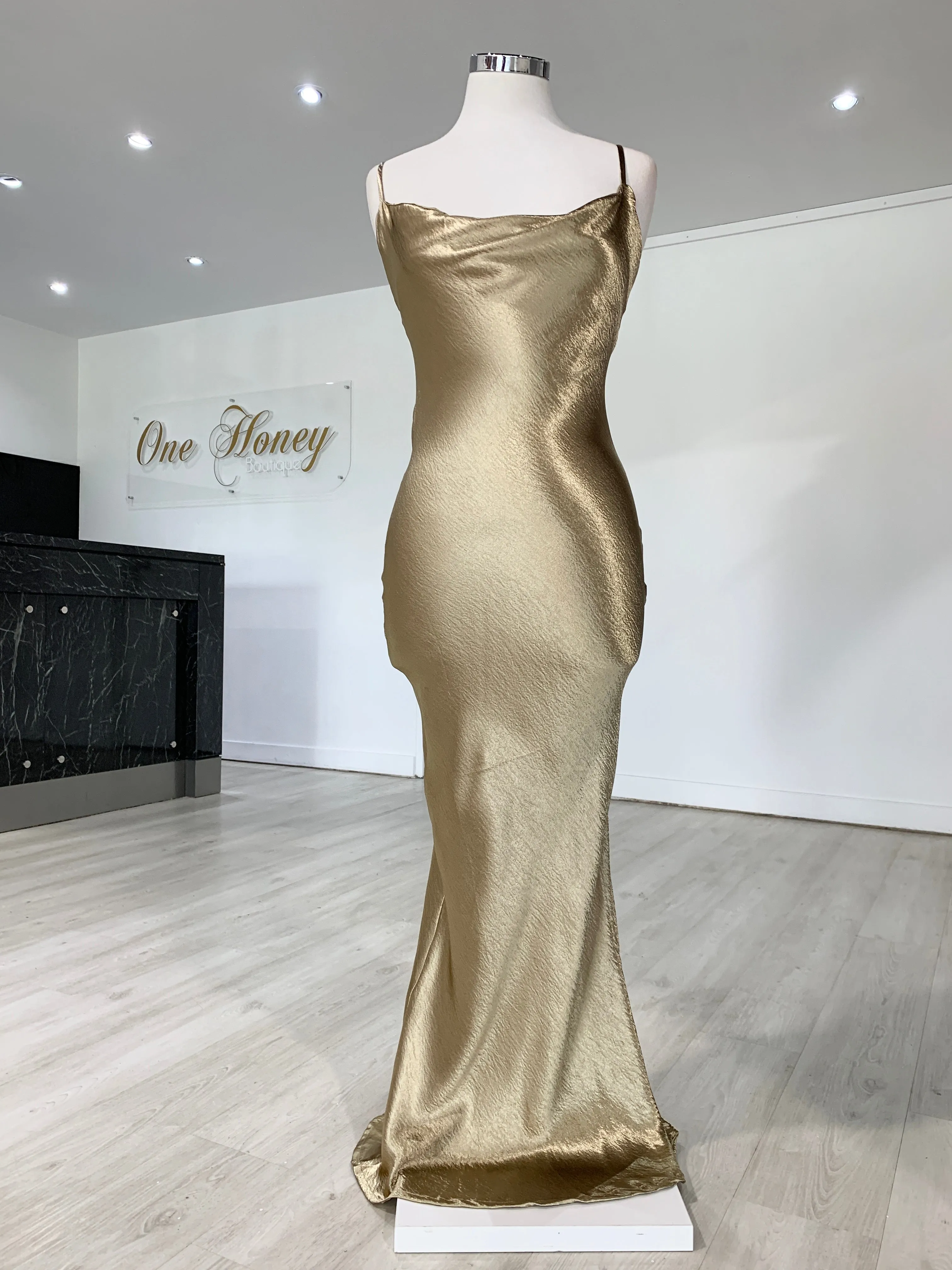 Honey Couture EVELYN Gold Silky Slip Formal Dress