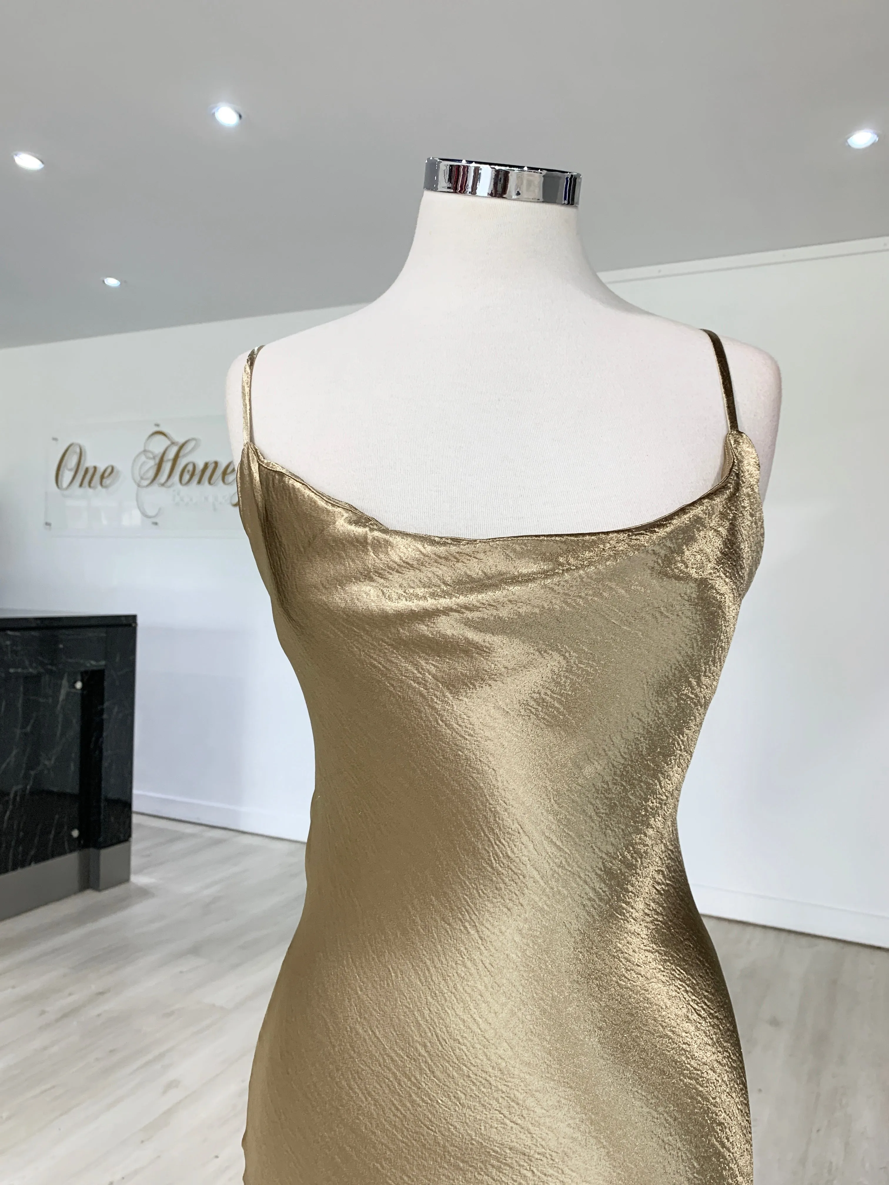 Honey Couture EVELYN Gold Silky Slip Formal Dress