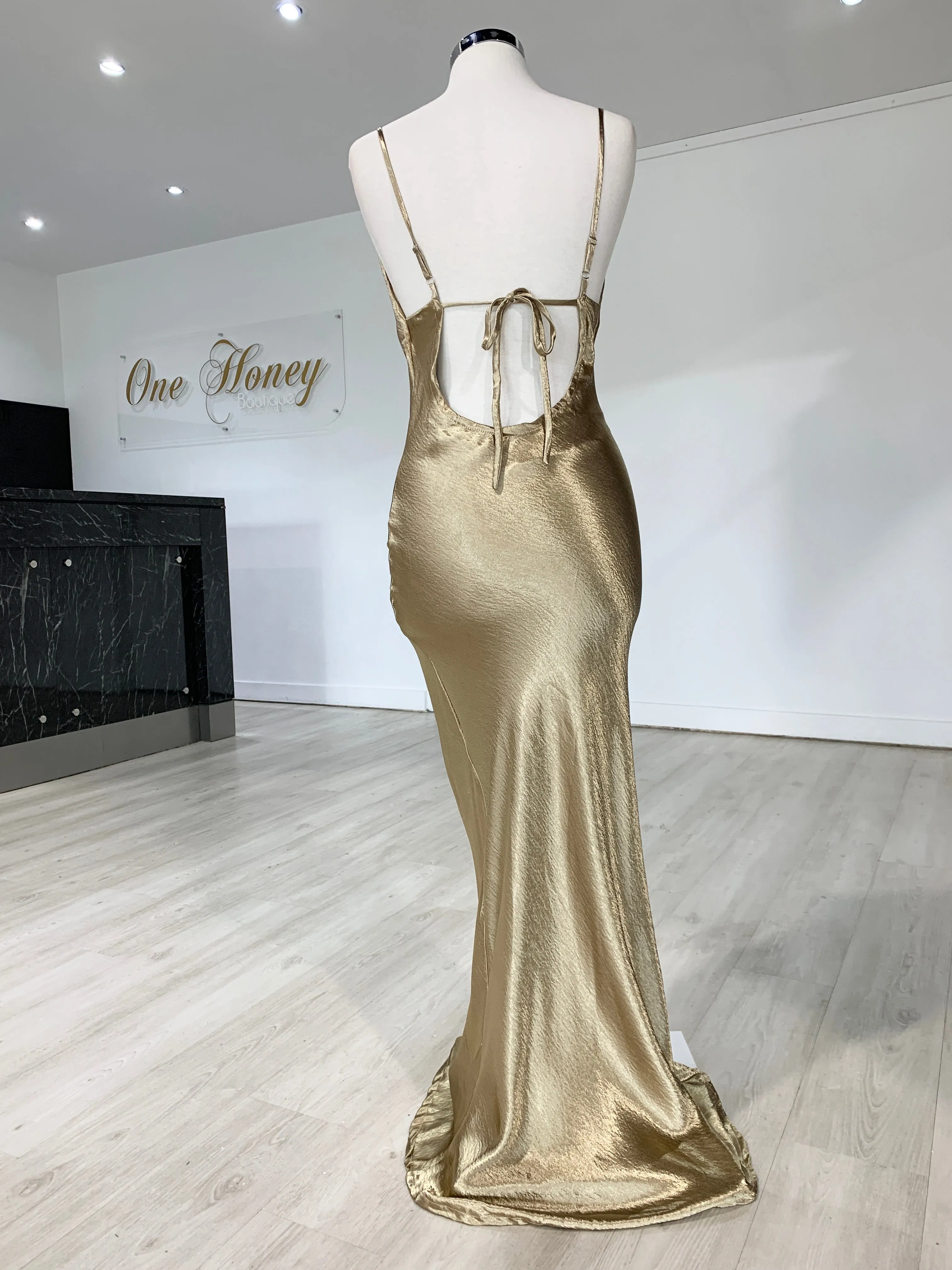 Honey Couture EVELYN Gold Silky Slip Formal Dress