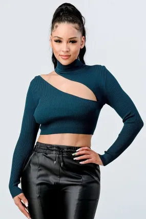 Hunter green White Long Sleeve Sweater Rib Cutout Mock Neck Crop Top_