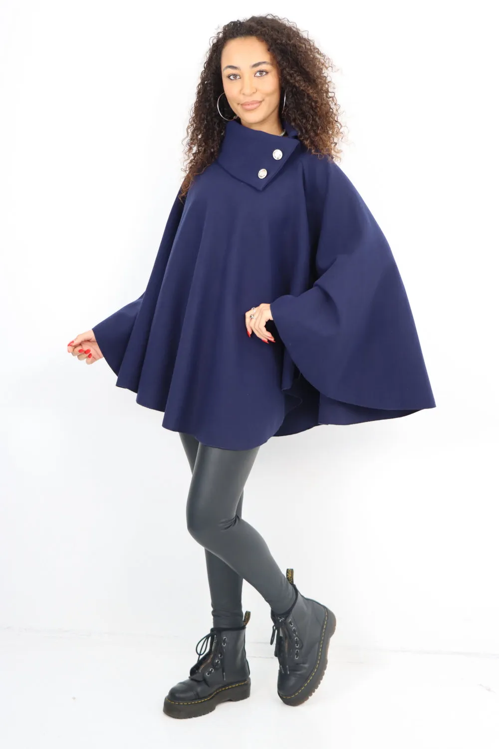 Italian Sueded Thick Buttoned Neck Asymmetric Hem Cape Coat