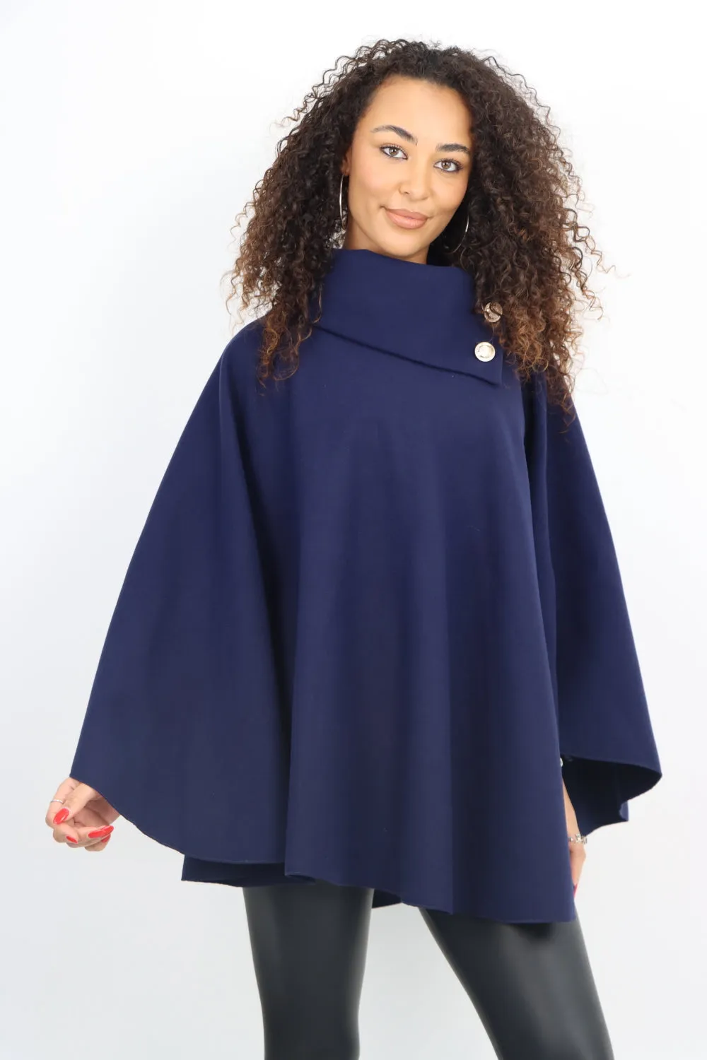 Italian Sueded Thick Buttoned Neck Asymmetric Hem Cape Coat