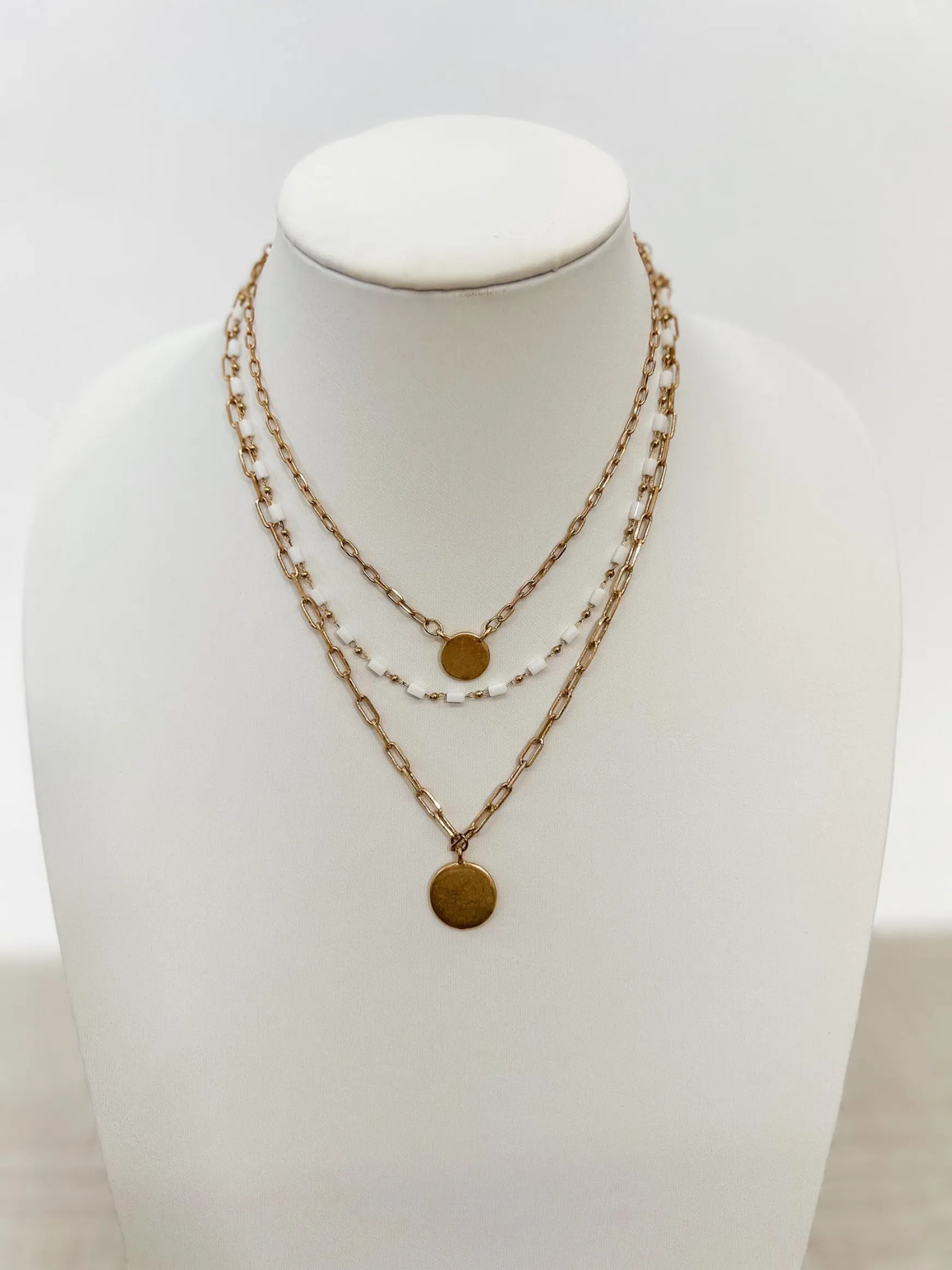 It's Clear Triple Layer with Circle Pendant Necklace, Gold