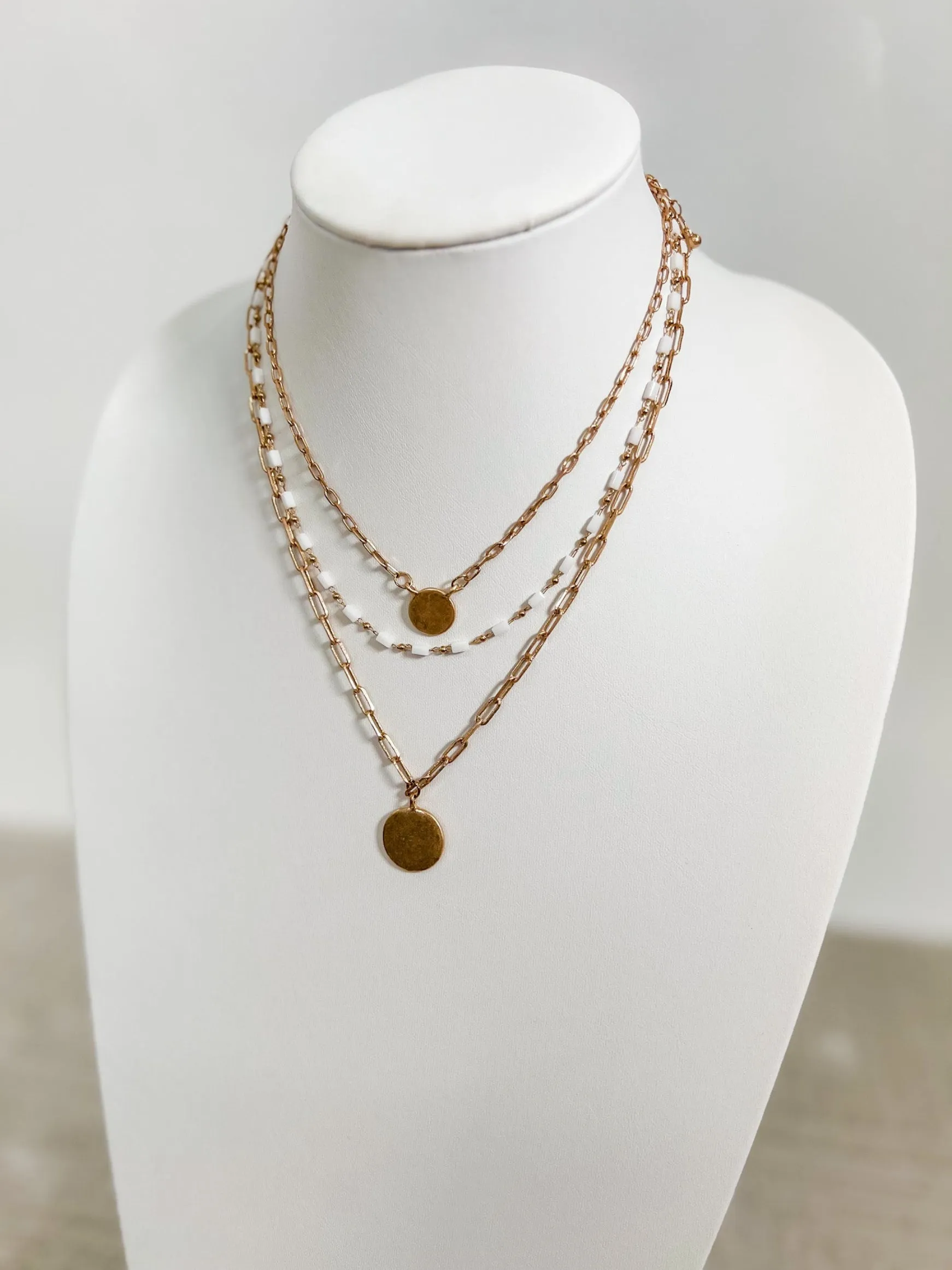 It's Clear Triple Layer with Circle Pendant Necklace, Gold