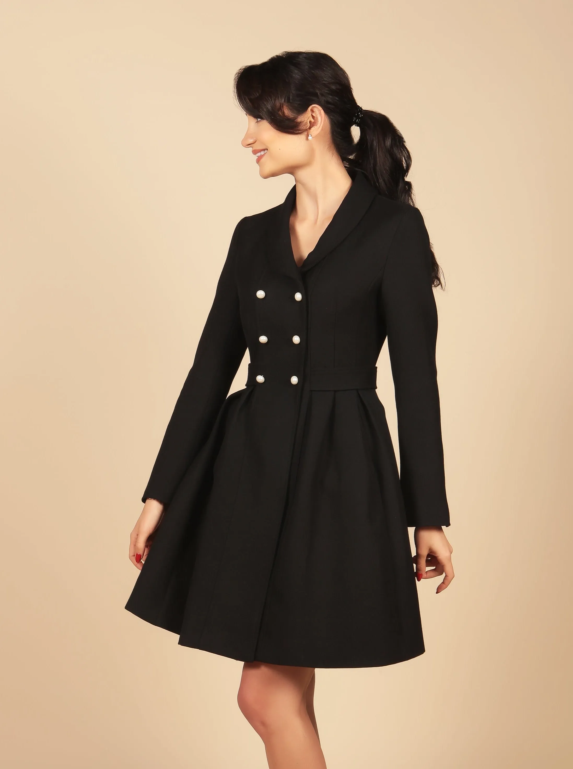 'Kennedy' Wool Dress Coat in Nero