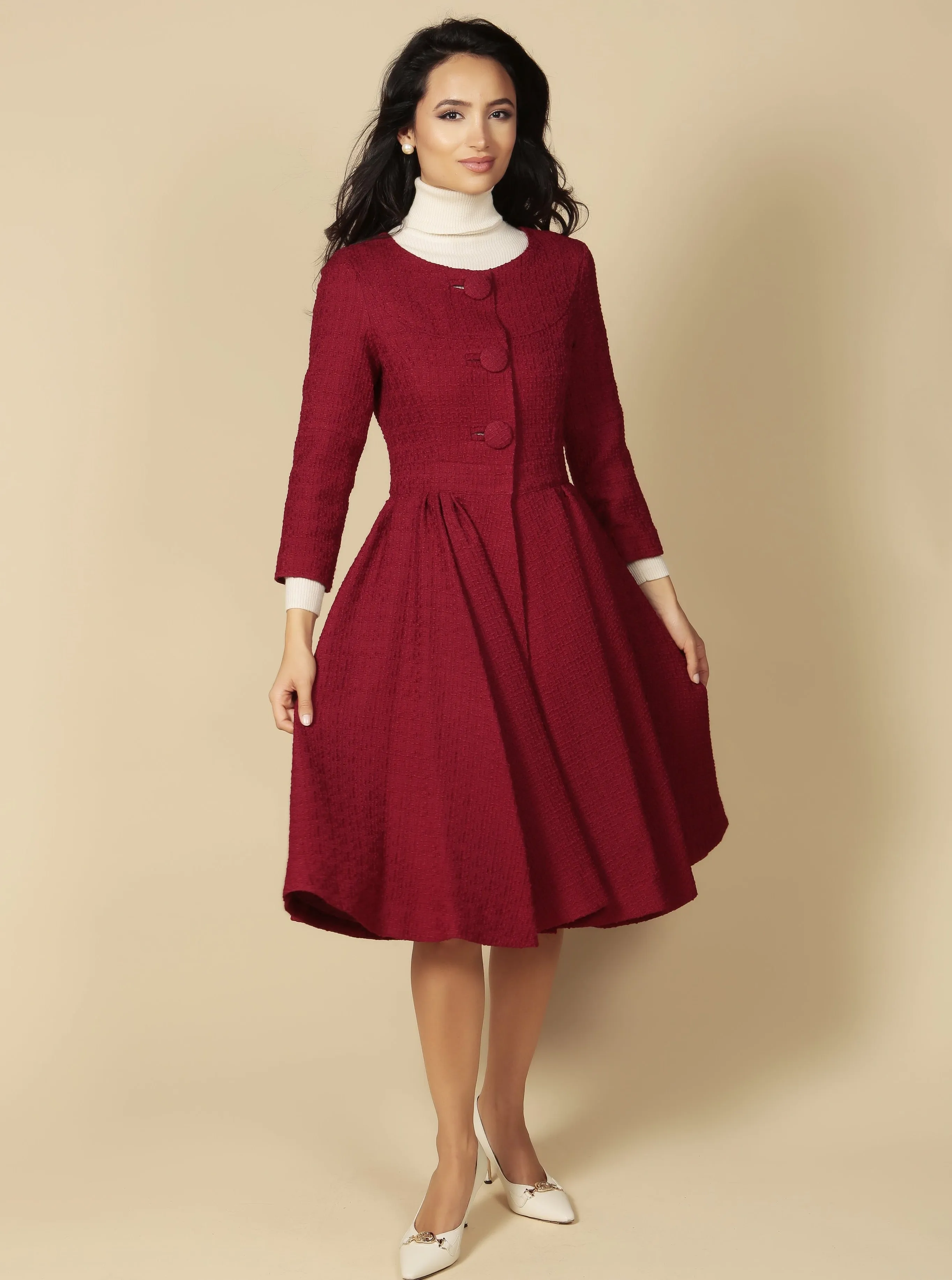 'Lady' Italian Wool Swing Dress Coat in Rosso