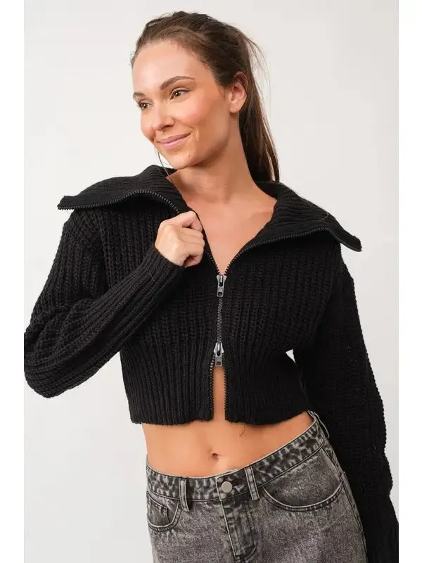 Leona Double Zip Up Neck Cropped Cardigan