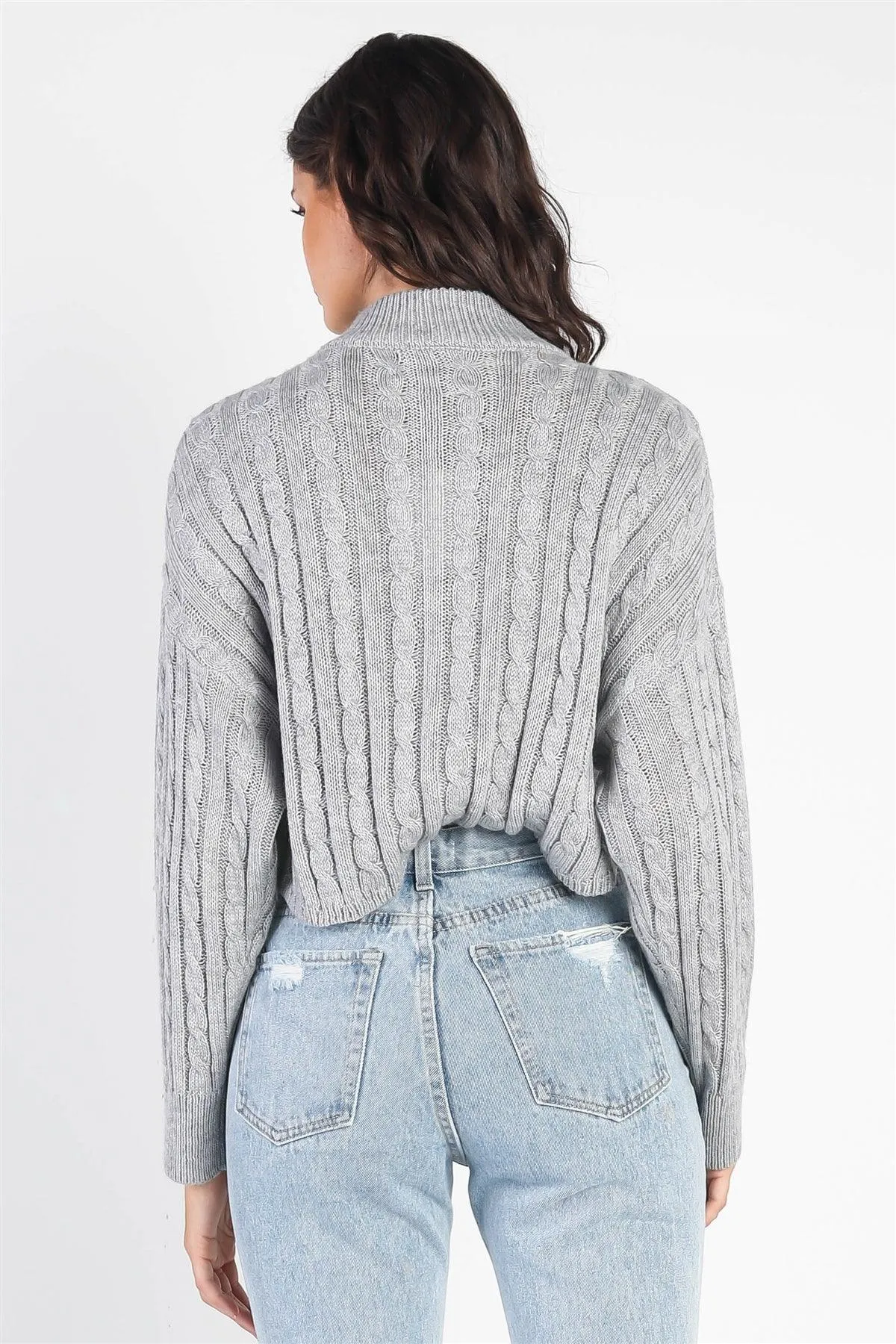 Light Grey Zip-Up Cable Long Sleeve Crop Sweater /4-2