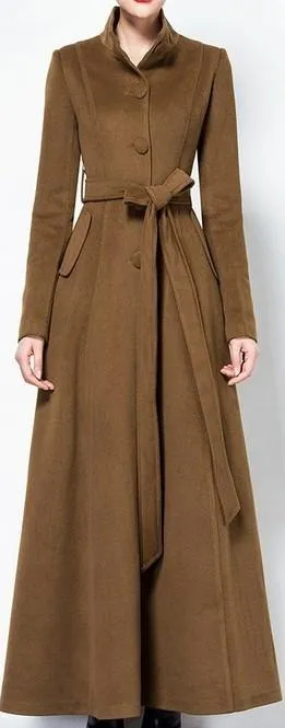 Long Single-Breasted Cashmere & Wool Blend Coat, Brown