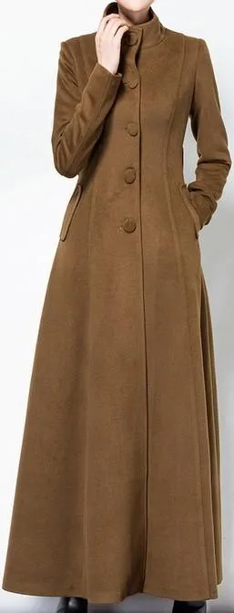 Long Single-Breasted Cashmere & Wool Blend Coat, Brown