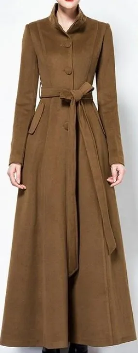 Long Single-Breasted Cashmere & Wool Blend Coat, Brown