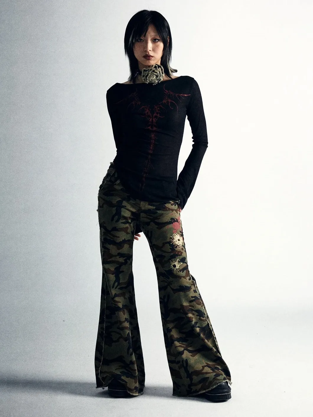 Low-waisted Camouflage Flared Pants