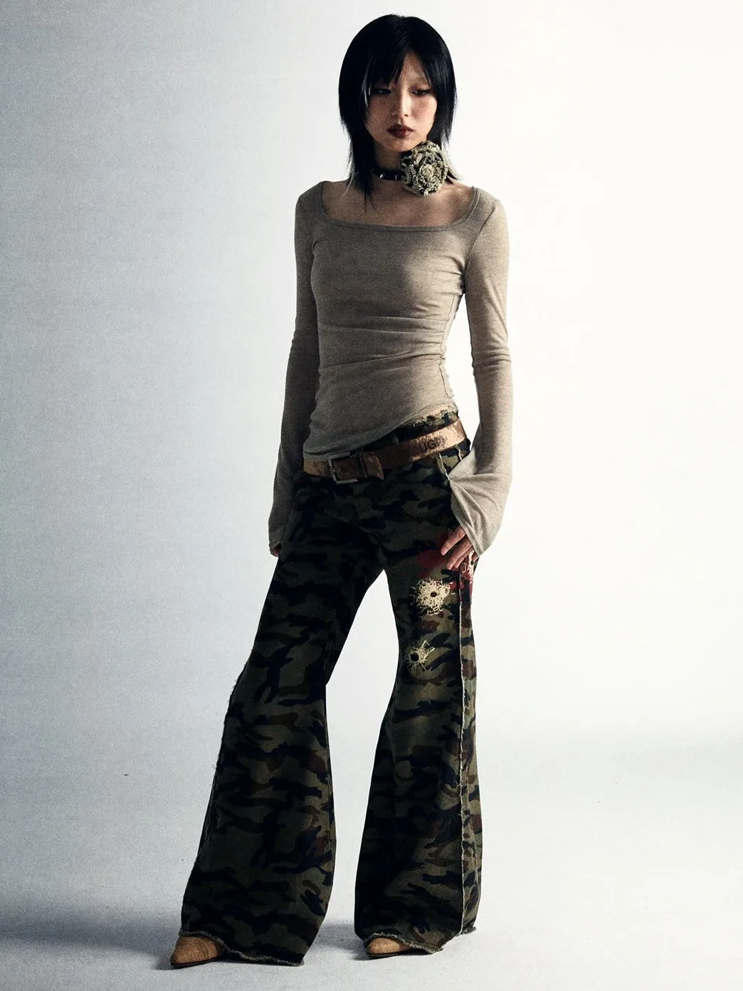 Low-waisted Camouflage Flared Pants