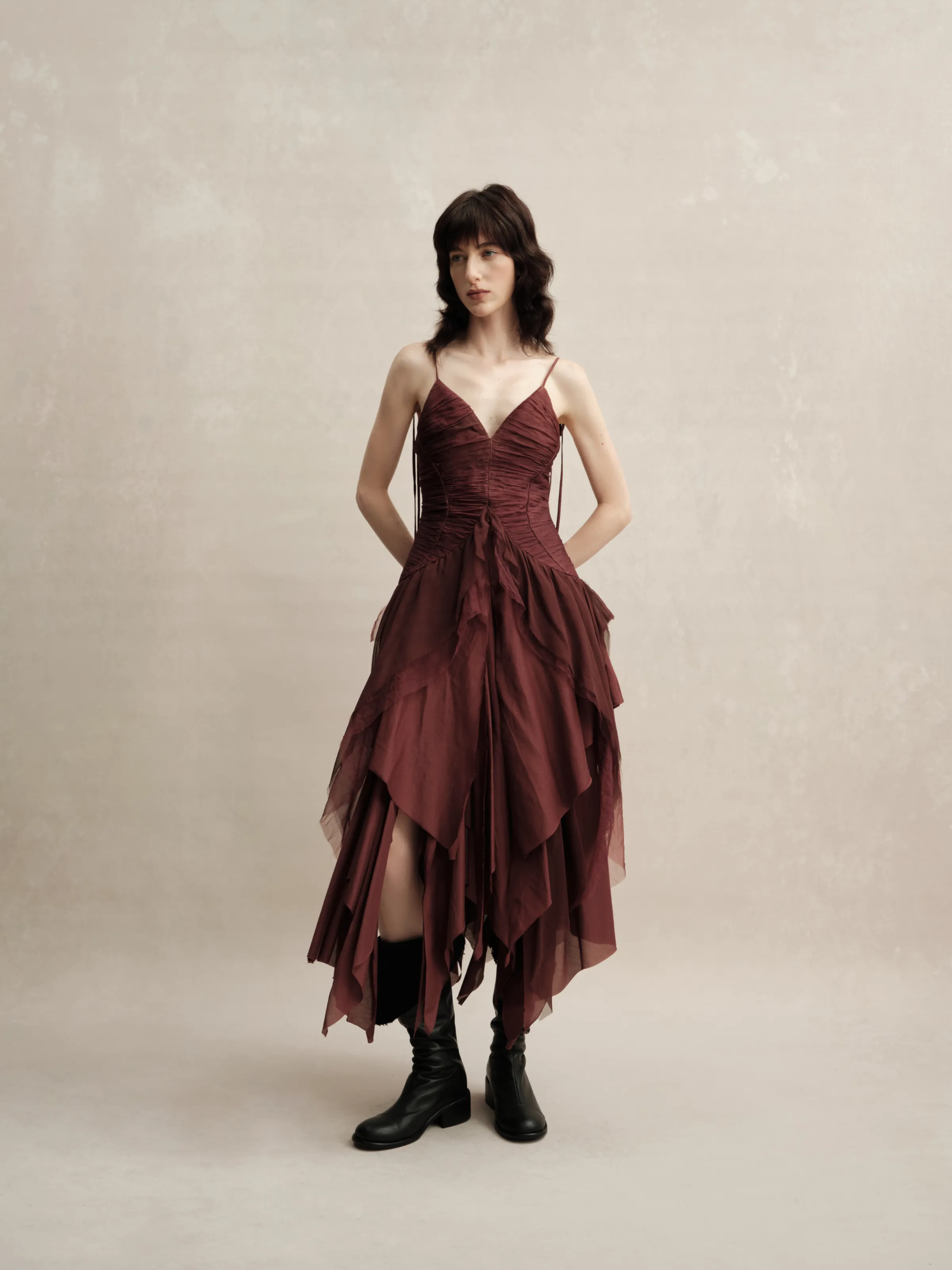 Maple Red Red Silk Pleated Slip Dress