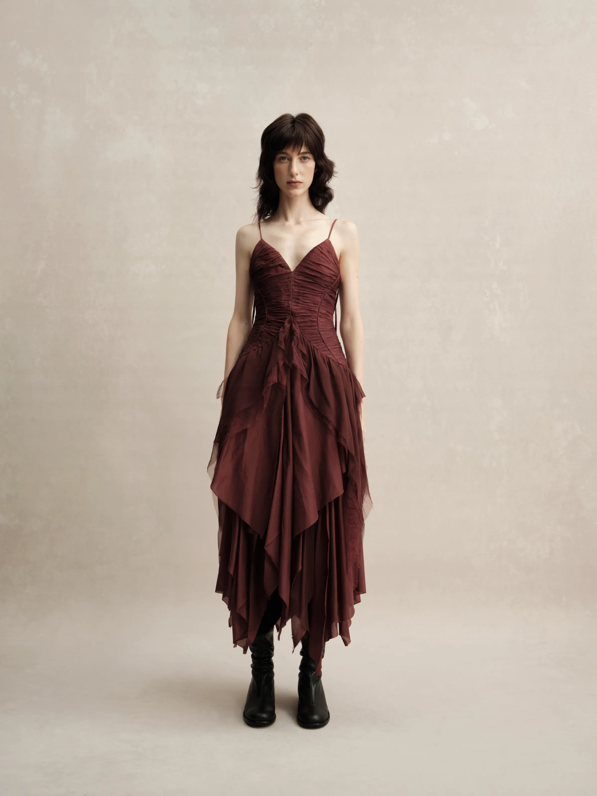 Maple Red Red Silk Pleated Slip Dress