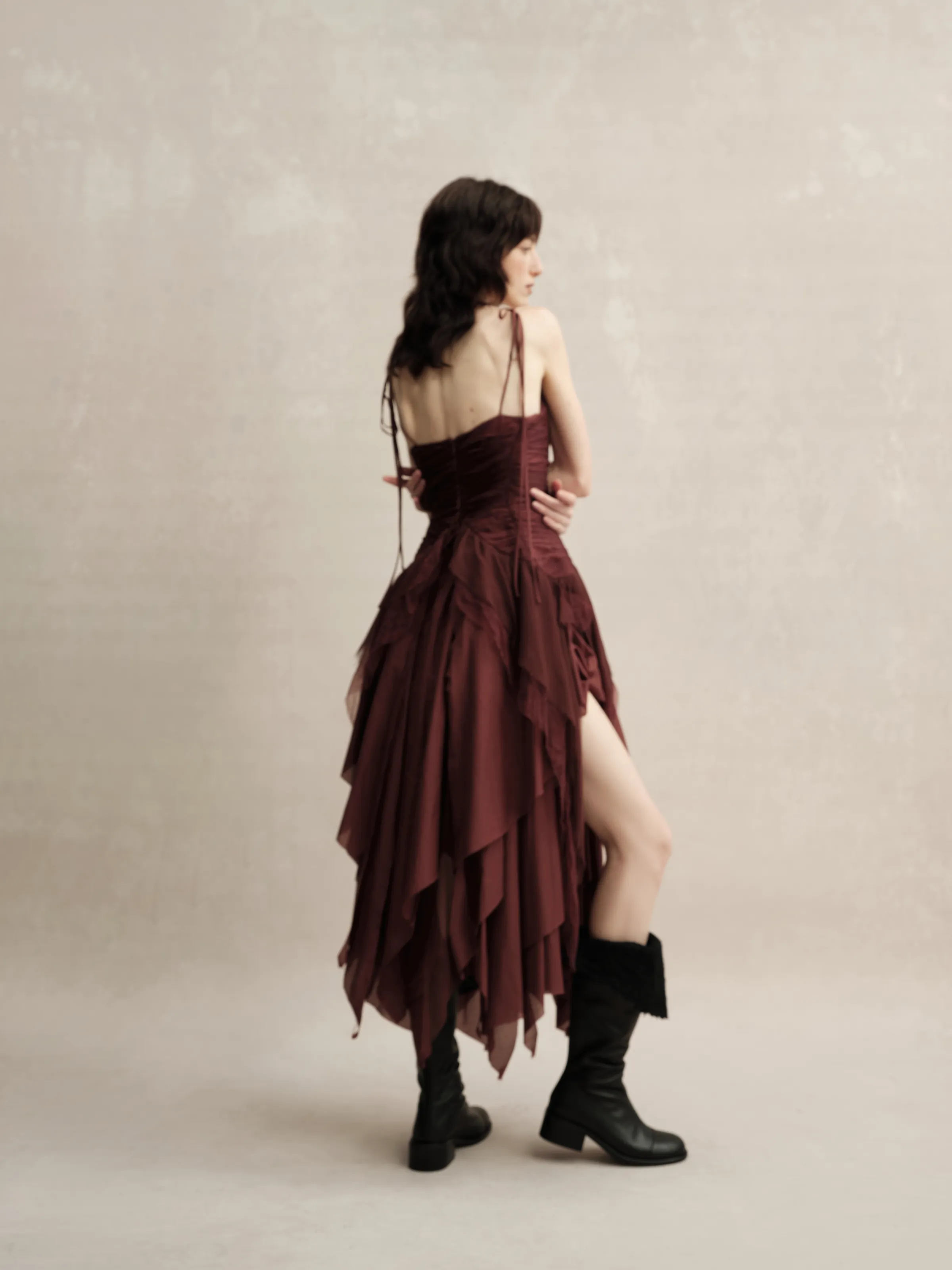 Maple Red Red Silk Pleated Slip Dress