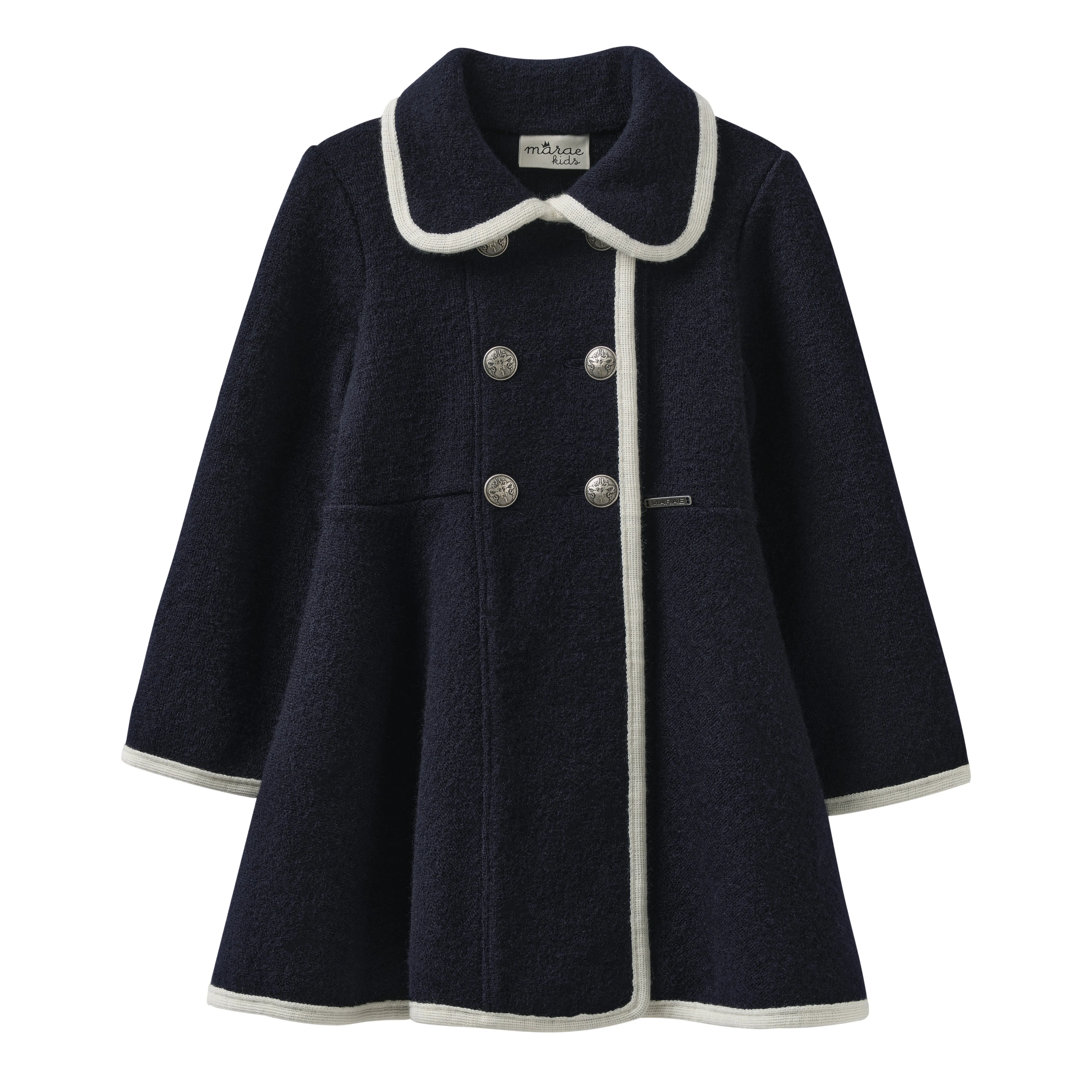 Marae Navy Wool Coat with Cream Trim