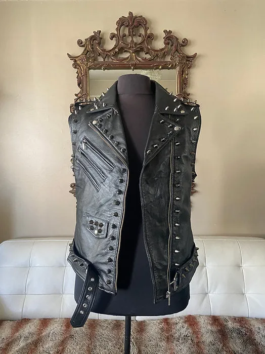 Mens Black Studded High Quality Lambskin Leather Mens Vest, L