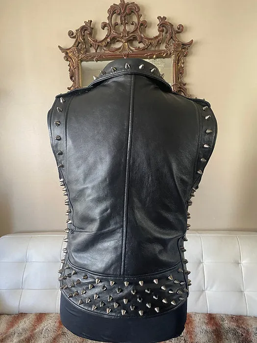 Mens Black Studded High Quality Lambskin Leather Mens Vest, L