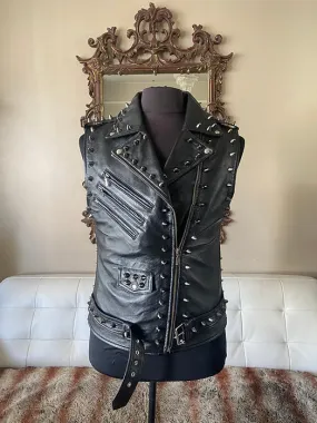 Mens Black Studded High Quality Lambskin Leather Mens Vest, L