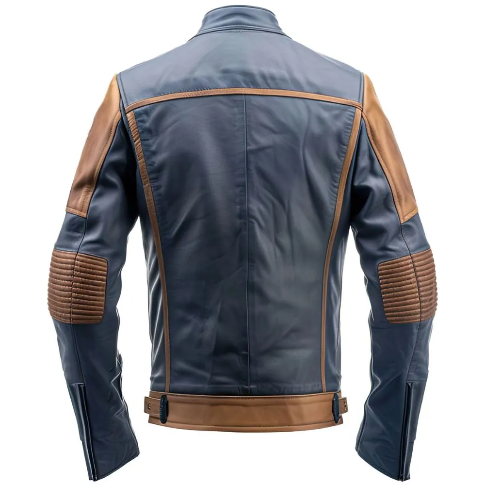 Men’s Blue Motorcycle Quilted Genuine Sheepskin Leather Jacket