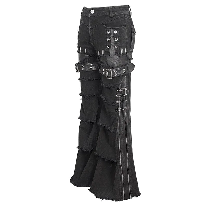 Men's Punk Unedged Faux Leather Splice Flared Pants