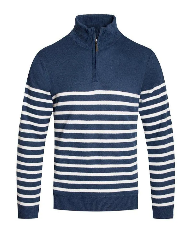 Mens Quarter Zip Up Navy White Striped Sweater